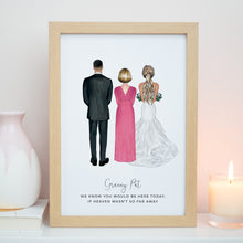 A framed illustration depicting three people, likely a family, with a caption that reads "Grandy Pat, we know you would be here today, if heaven wasn't so far away".
