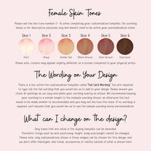 a set of images depicting different skin tones, with a focus on the female skin tones. The images are arranged in a way that allows for customization of the design, with the skin tone number (1-6) displayed for each image. The text provides guidelines for using the custom skin tone number and emphasizes the importance of keeping the wording consistent with the example shown.