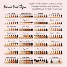 The image is a collage of various female hair styles, each with a different color and style, arranged in a grid format.