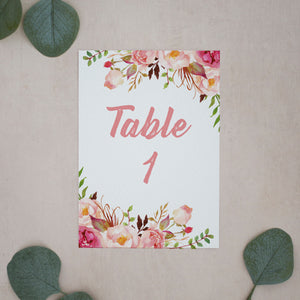 Pink Watercolour, Wedding Table Number Cards, #002