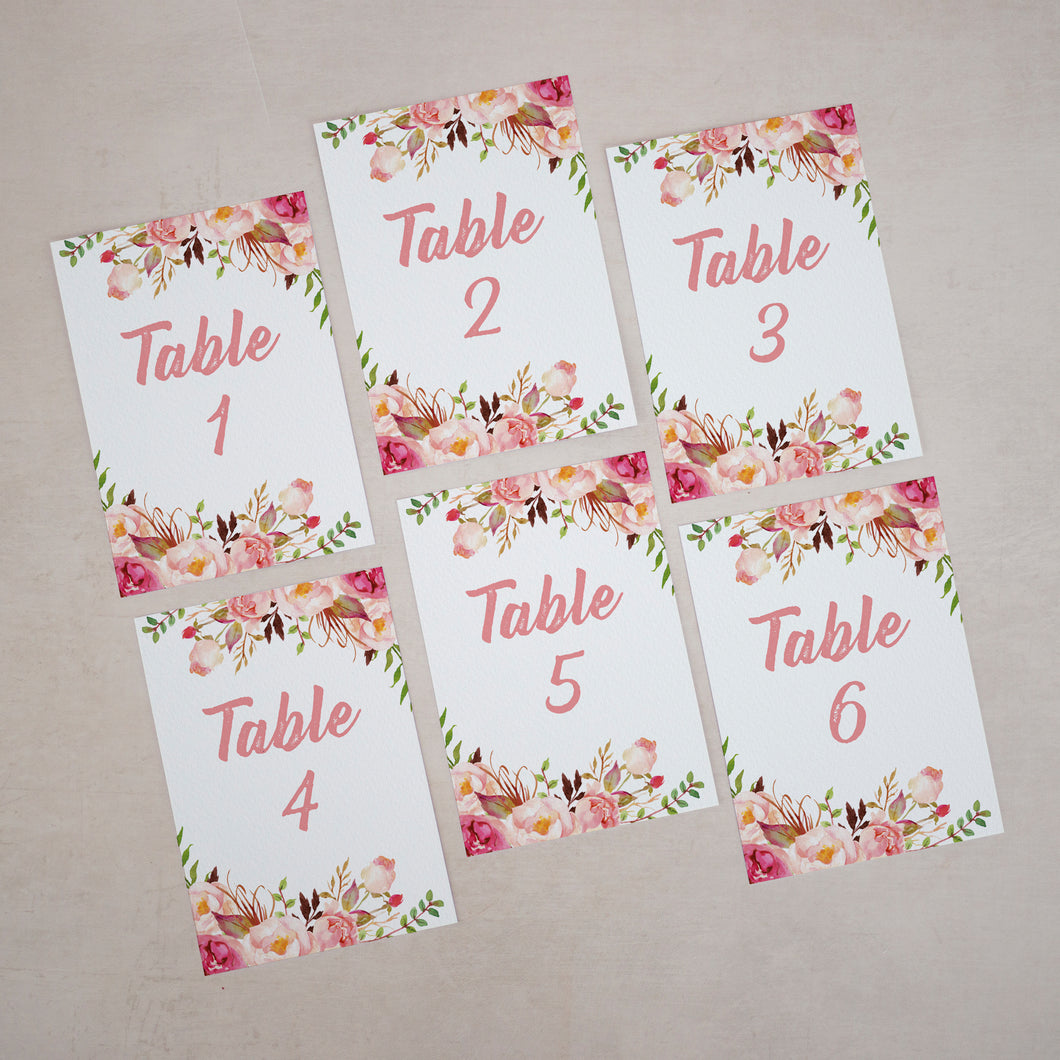 Pink Watercolour, Wedding Table Number Cards, #002