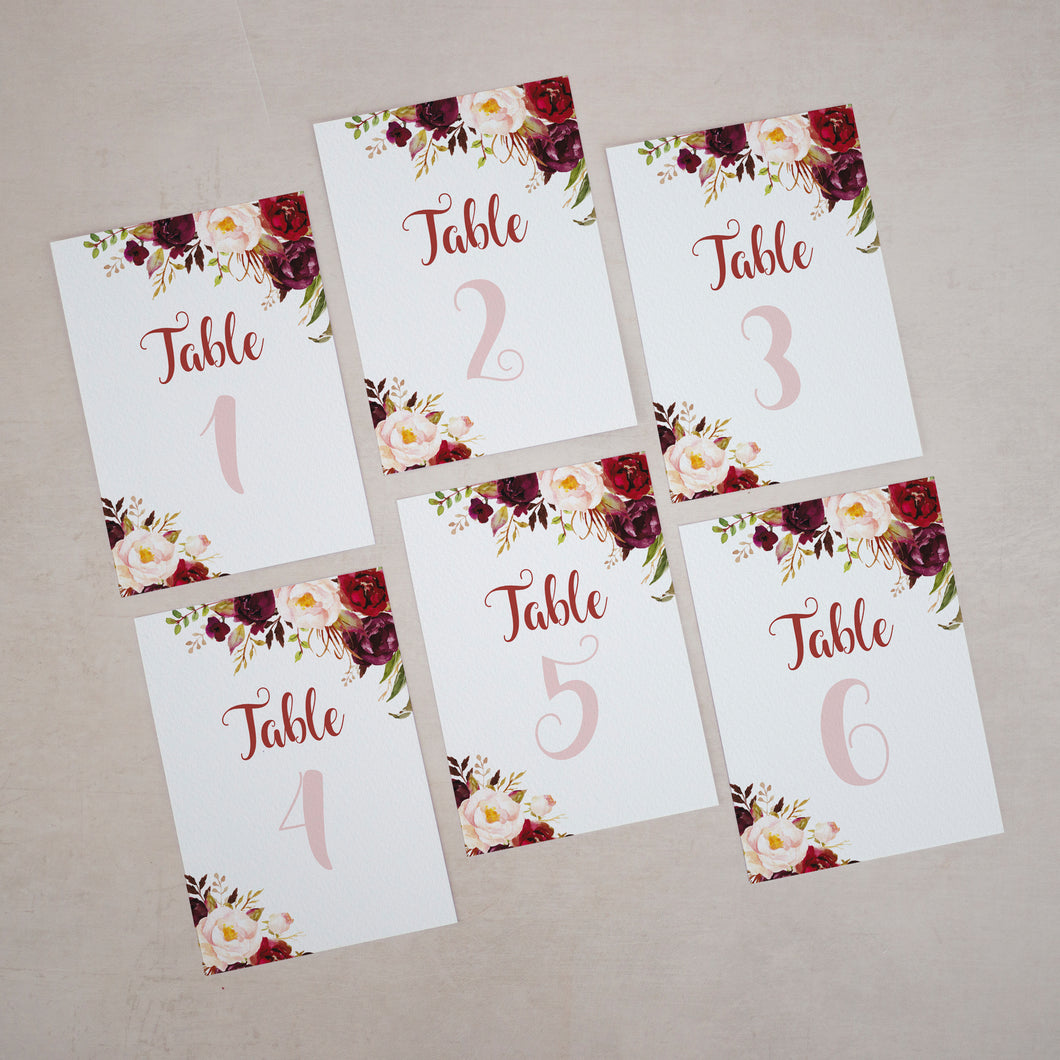 Autumnal Florals, Wedding Table Number Cards, #004