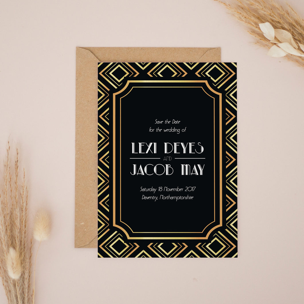 Great Gatsby Inspired Black & Gold, Save the Dates #013