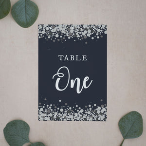 Navy & Silver Confetti, Wedding Table Number Cards, #013