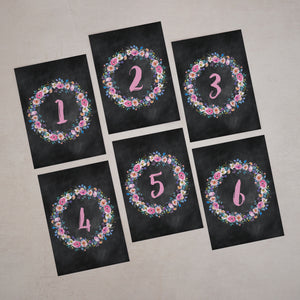 Chalkboard & Pink Florals, Wedding Table Number Cards, #014