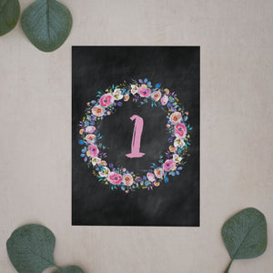 Chalkboard & Pink Florals, Wedding Table Number Cards, #014