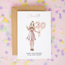 A birthday card for a 30th birthday celebration, featuring an illustration of a woman holding a champagne glass and balloons.