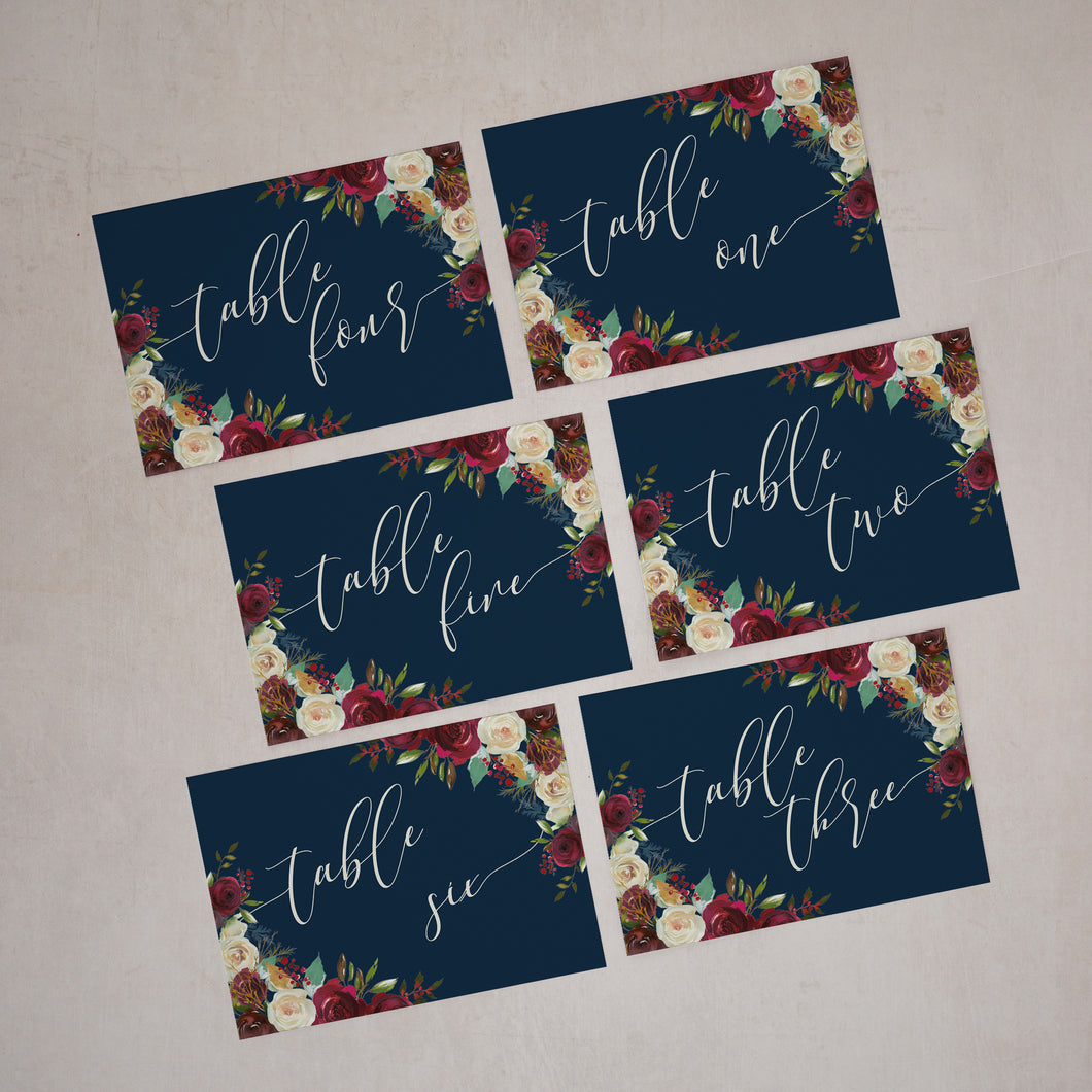 Autumnal Florals, Wedding Table Number Cards, #016