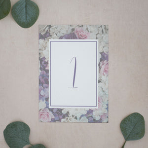 Dusty Lilac & Blush Florals, Wedding Table Number Cards, #022