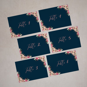 Navy & Pink Boho Floral, Table Number Cards #026