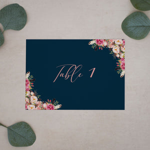 Navy & Pink Boho Floral, Table Number Cards #026