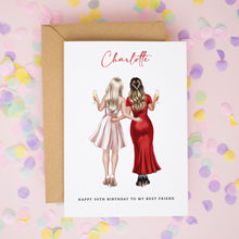 A birthday card with two women in elegant dresses, one wearing a pink dress and the other a red dress, standing together and holding champagne flutes. The card has a personalized message that reads "Happy 30th Birthday to my best friend".
