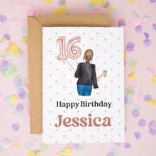 A birthday card with a girl holding balloons and the number 16, surrounded by confetti.