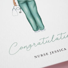 a person wearing green pants and a stethoscope, standing in front of the text "Congratulations Nurse Jessica".