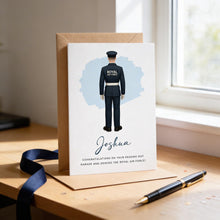 A greeting card featuring an illustration of a person in a military uniform, with the text "Joshua" and "Congratulations on your passing out Parade and joining the Royal Air Force!"