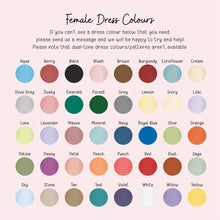 The image is a list of various female dress colors, including colors like Aqua, Berry, Black, Blush, Brown, Burgundy, Cornflower, Cream, Dove Grey, Emerald, Forest, Grey, Lemon, Ivory, Lilac, Lime, Lavender, Mauve, Mineral, Royal Blue, Olive, Orange, Patina, Penny, Peach, Punch, Rust, Sage, and Teal.