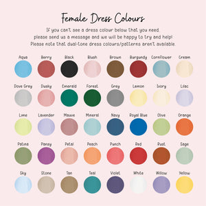 The image is a list of various female dress colors, including colors like Aqua, Berry, Black, Blush, Brown, Burgundy, Cornflower, Cream, Dove Grey, Emerald, Forest, Grey, Lemon, Ivory, Lilac, Lime, Lavender, Mauve, Mineral, Royal Blue, Olive, Orange, Patina, Penny, Peach, Punch, Rust, Sage, and Teal.