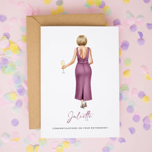 A greeting card with a woman in a purple dress holding a glass of champagne, surrounded by confetti.