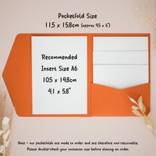 a set of pocketfold sizes, including a recommended insert size A6, which is 105 x 148 cm (approx 45 x 6) and a 4.1 x 58° pocketfold. The pocketfold is described as non-returnable, and it is advised to double-check the invitation size before placing an order.