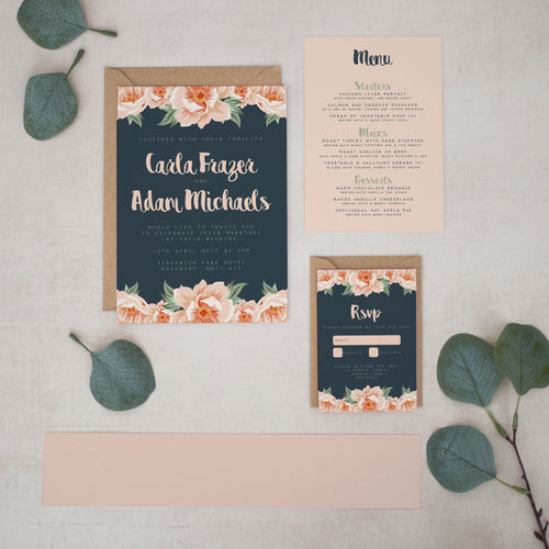 Navy & Peach Flowers, Wedding Invitation Suites and Bundles, #2287