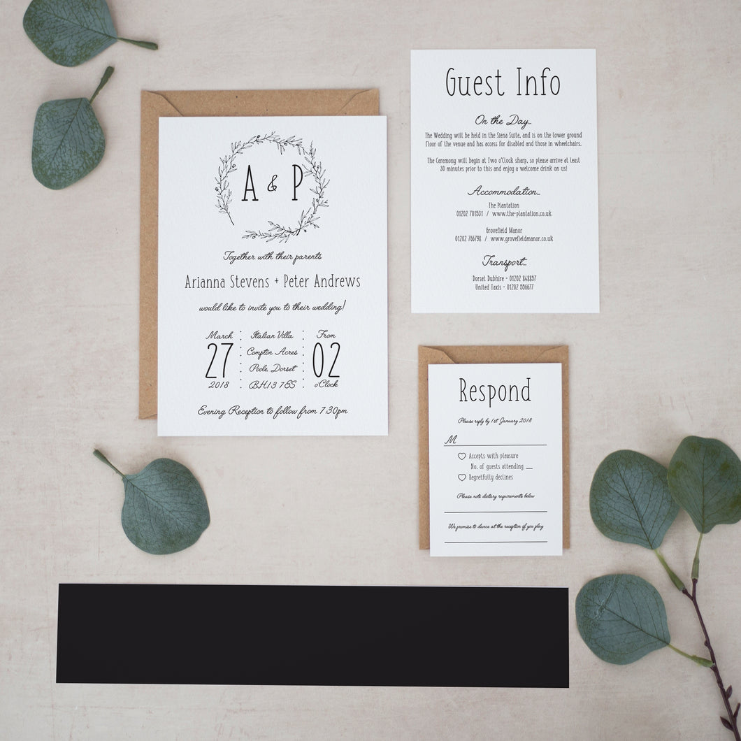 Rustic Botanical Wreath, Wedding Invitation Suites and Bundles, #2299