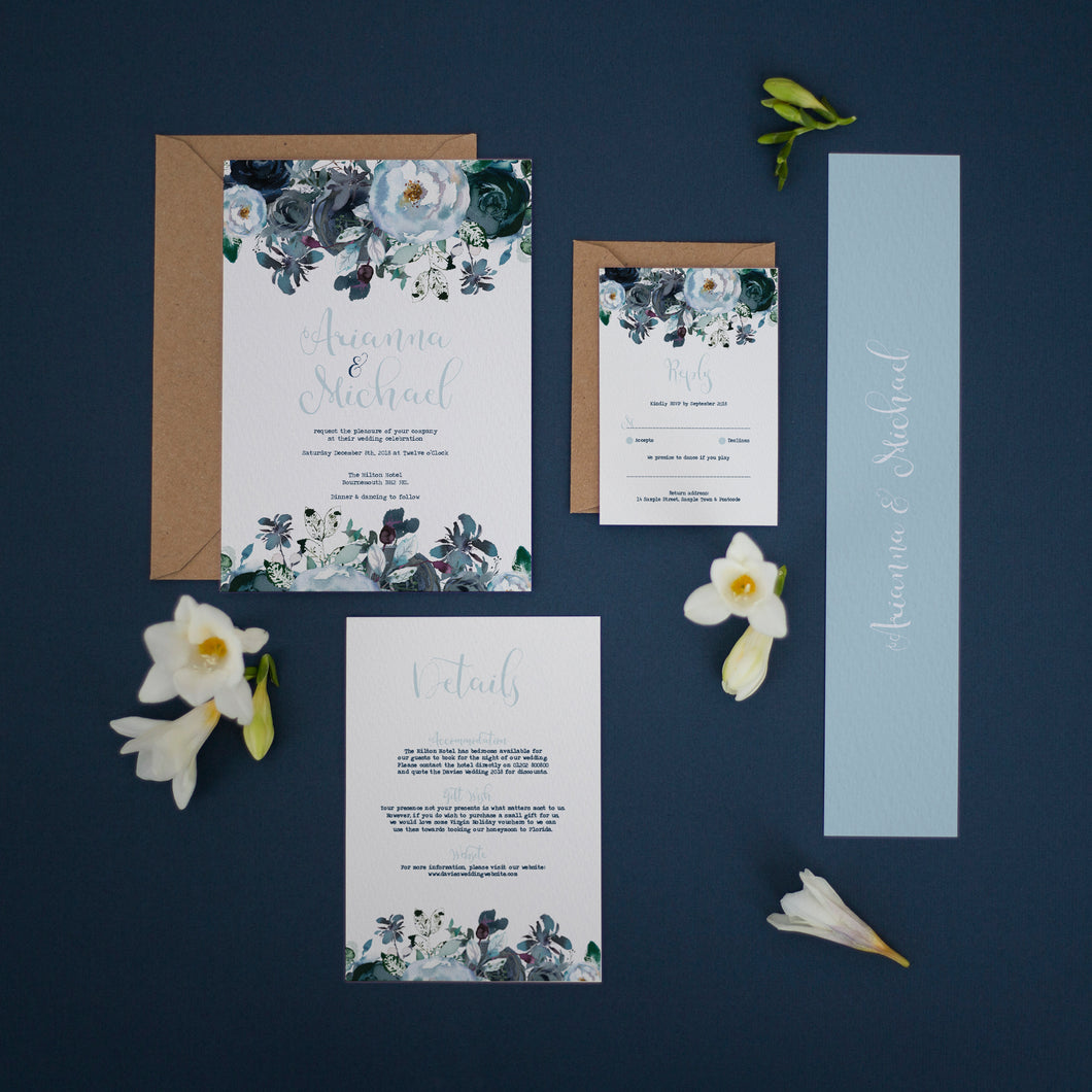 Navy & Dusty Blue Boho Florals, Wedding Invitation Suites and Bundles, #2377