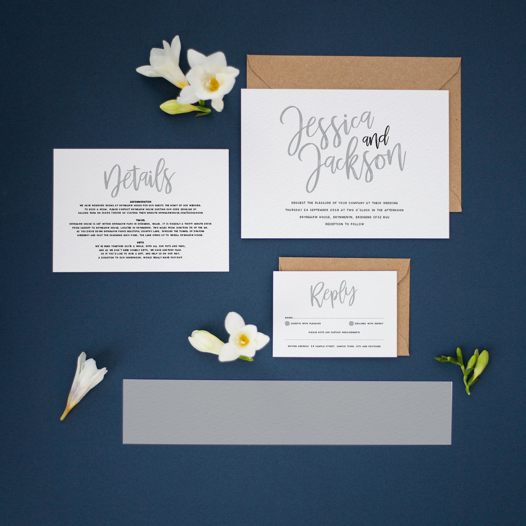 Dove Grey Invitation Set, Wedding Invitation Suites and Bundles, #2396