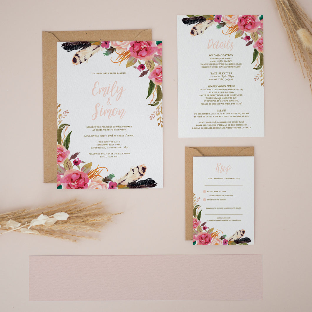 Blush & Fuchsia Boho Florals, Wedding Invitation Suites and Bundles, #2406