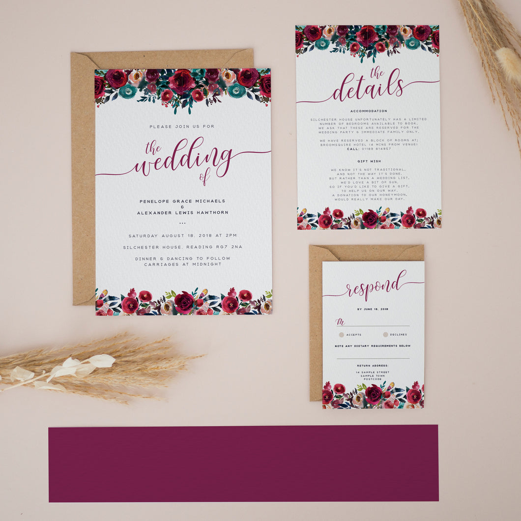 Burgundy & Navy Florals, Wedding Invitation Suites and Bundles, #2425