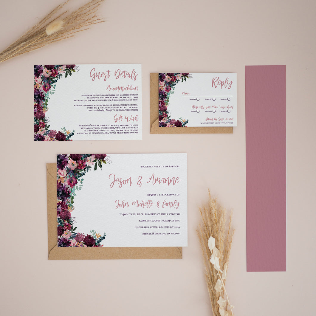 Violet & Dusty Pink Florals, Wedding Invitation Suites and Bundles, #2426