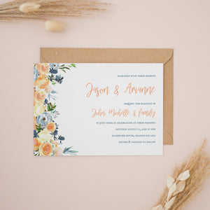 Peach & Dusty Blue Florals, Wedding Invitation Suites and Bundles, #2427