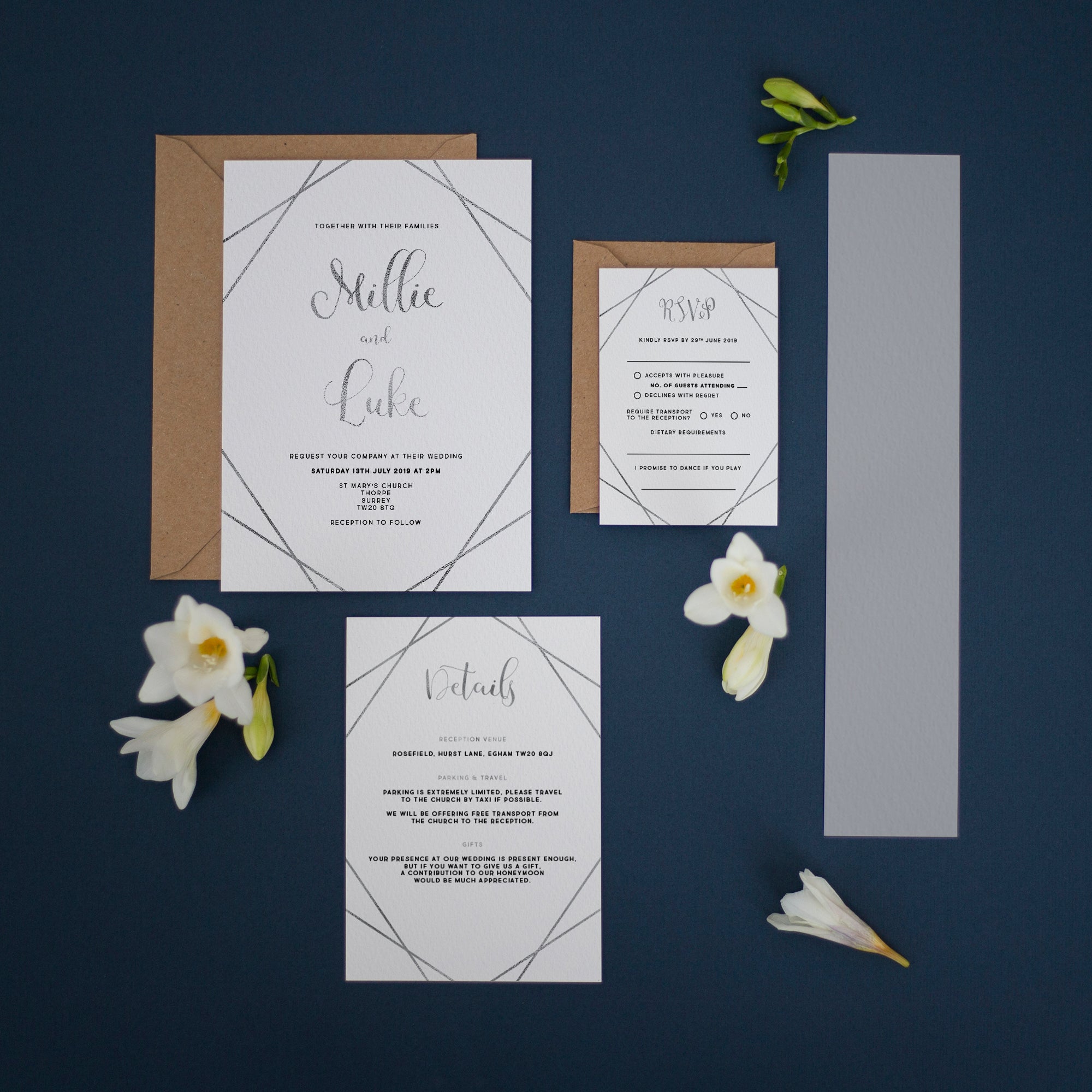 foxesonboxes Silver Foiled Geometric, Wedding Invitation Suites and Bundles, #2431 Invitation \u0026 RSVP / 60 Bundles, image size:2000x2000