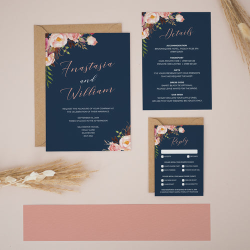 Navy & Pale Pink Florals, Wedding Invitation Suites and Bundles, #2437