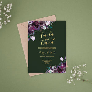 Gold Foil, Forrest Green & Purple Flowers, Wedding Invitation Suites and Bundles, #2445