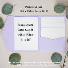 a pair of purple envelopes, one with a white insert inside, and some green leaves around them. The text indicates that the recommended insert size for the envelope is A6, with dimensions of 105 x 148 cm (approx. 45 x 6) and a width of 4.1 x 5.8 cm. The text also advises to double-check the invitation size before placing an order, and notes that the pocketfold size is non-returnable.