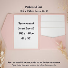 a pink folder with a white insert size A6, along with some text providing information about the pocketfold size.