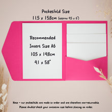 a pink pocketfold with a white insert size A6, along with some text providing information about the pocketfold size and recommended insert size.