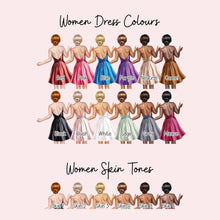 The image is a collage of 12 different women's dress colors and 12 different women's skin tones, arranged in a grid format.