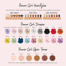 The image is a collage of various images depicting different styles of flower girl hairstyles and dresses, along with their corresponding skin tones.