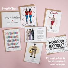 a collection of personalized cards, each with unique designs and messages, arranged on a pink background.