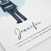 a close-up of a card with a person in a military uniform, and the card is congratulating someone named Jennifer.