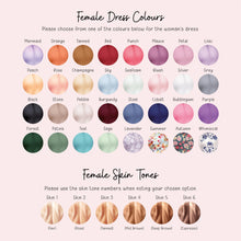 a collection of female dress colors and skin tone numbers, along with corresponding descriptions. The dress colors include mermaid, orange, tanned, red, punch, mauve, petal, lilac, peach, rose, champagne, sky, seaweed, silver, grey, black, stone, pebble, burgundy, cobalt, bubblegum, purple, forest, patina, teal, and summer. The skin tone numbers are from skin type 1 to skin type 6, with corresponding descriptions for each color.