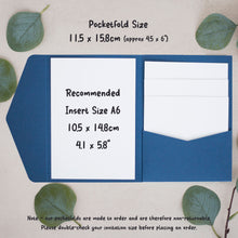 a blue pocketfold with a white insert size A6, along with some green leaves. The pocketfold size is 115 x 158 cm (approx 45 x 6) and the recommended insert size is 105 x 148 cm (41.1 x 58). The pocketfold is open, revealing the insert size. The image also includes a note that the pocketfold is non-returnable and advises to double-check the invitation size before placing an order.