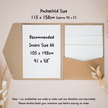 a set of pocketfold sizes, including insert sizes A6, A5, A4, and A3, along with their corresponding dimensions. The pocketfold sizes are 115 x 158 cm (approx. 45 x 6) and 41 x 58 cm. The image also includes a note that states that the pocketfold sizes are non-returnable and that the user should double-check their invitation size before placing an order.