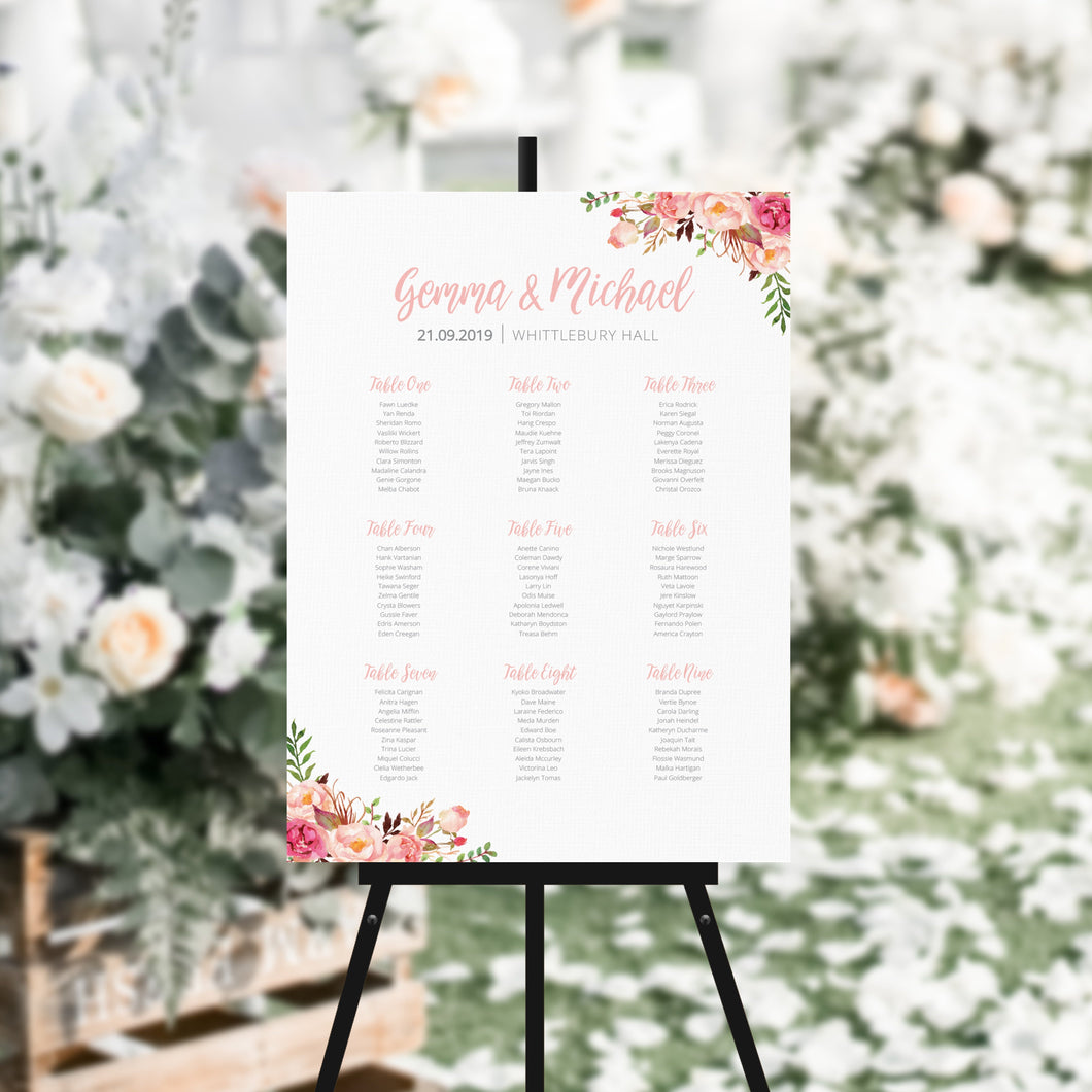 Pink Watercolour Flowers, Seating Plans, #51