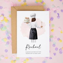 A greeting card featuring an illustration of a chef holding a cake, with confetti scattered around the card.