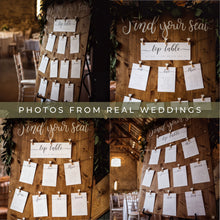 The image is a collage of four photos depicting seating arrangements at real weddings. The seating plan includes tables and chairs, with each photo showing a different arrangement. The text "Find your seat" is visible in the top left and top right photos, and the phrase "Find your seat" is also present in the bottom left and bottom right photos.