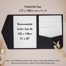 a pocketfold size, which is 115 x 150 cm (approx 45 x 6) and recommended for an insert size A6, with dimensions of 105 x 148 cm (4.1 x 58 cm). The pocketfold is open, revealing a blank white insert. The image also includes a note that states that the pocketfolds are made to order and are therefore exception from returns, and that the invitations will fit before placing an order.