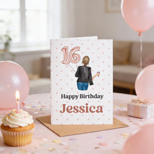 A birthday card for Jessica, with a cupcake, balloons, and confetti on a table.