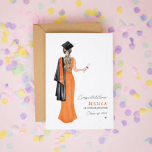 The image is a graduation card with a female illustration of a graduate holding a diploma and wearing a cap and gown. The card is set against a background of confetti.